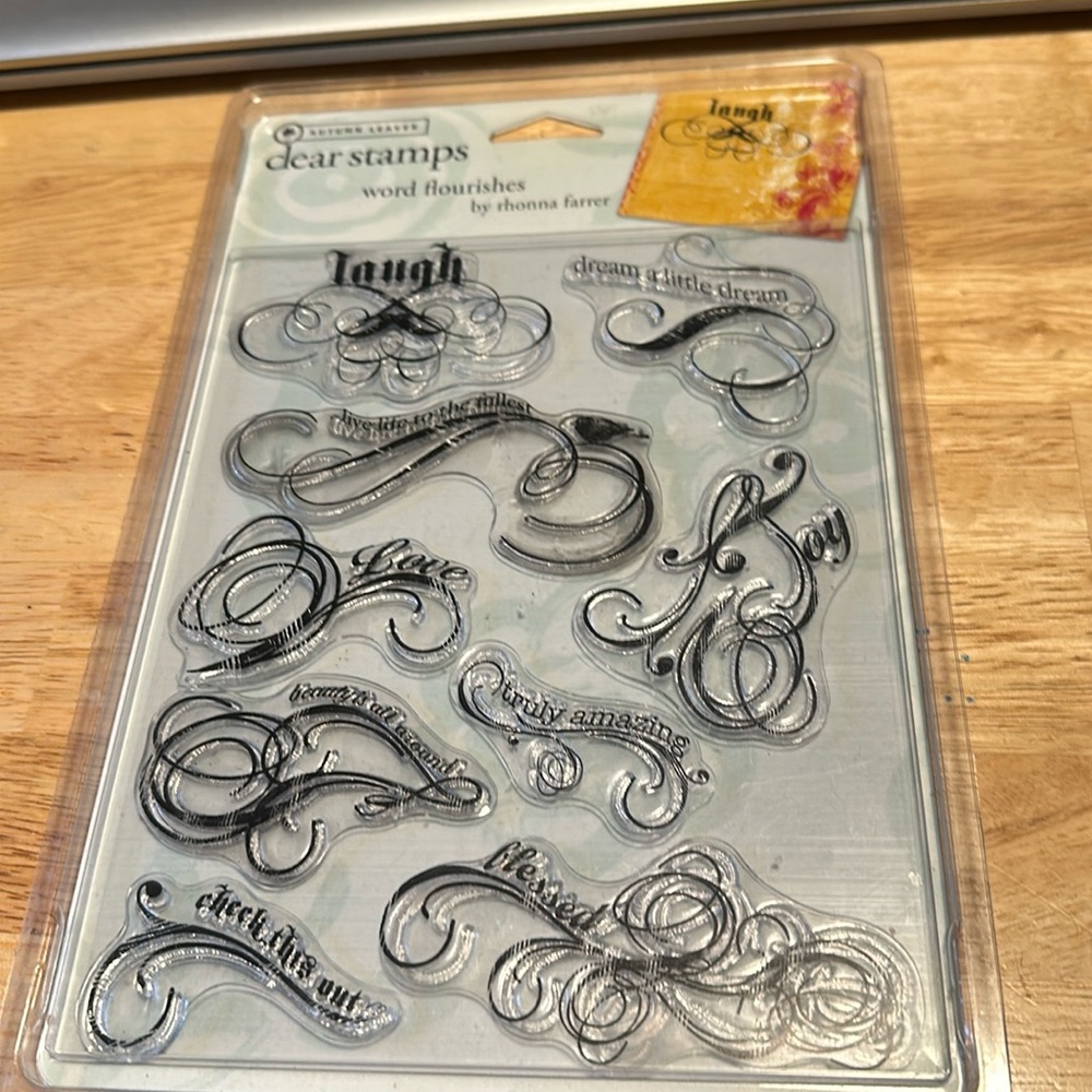Autumn Leaves Clear Stamps Word Flourishes by Rhonna Farrer Clam Shell Package